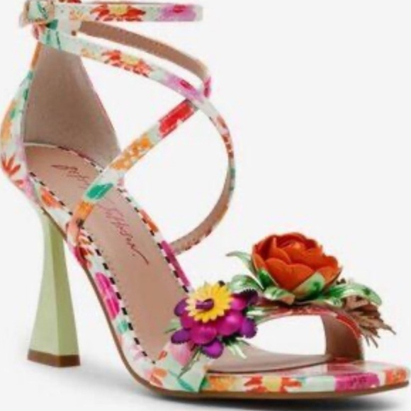 Betsey Johnson Pink and Orange Strappy Floral Heels - Picture 1 of 5